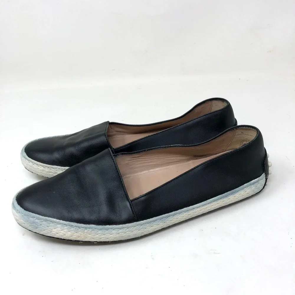 Tod's Womens 37 Espadrille Loafers Black Leather Gommino Driving Shoe